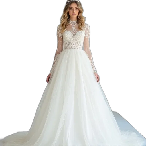 dress, woman, standing, runway, wearing, white, long-sleeved, floor-length transparent PNG cut-out