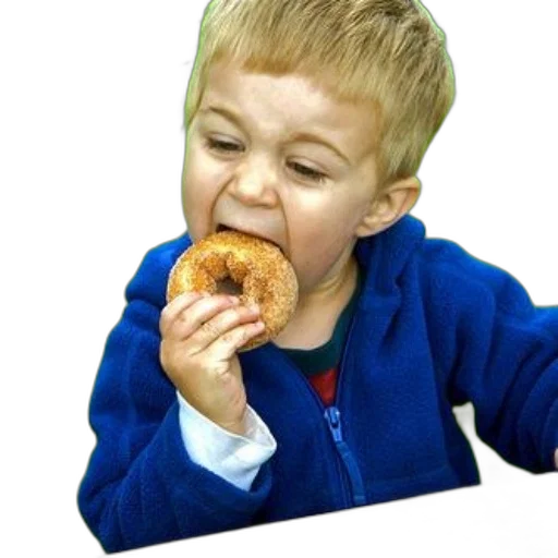 food, photorealistic, young, boy, blue, jacket, enjoying, doughnut transparent PNG cut-out