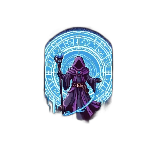 staff, jacket, mask, pixel art, fantasy art, concept art, cyberpunk, blue transparent PNG cut-out