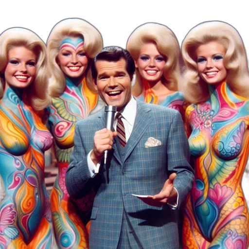 man, suit, holds, microphone, stage, backed, four, women transparent PNG cut-out