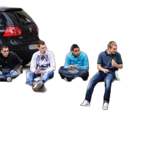 car, five, men, sitting, brick, ledge, canal, one transparent PNG cut-out