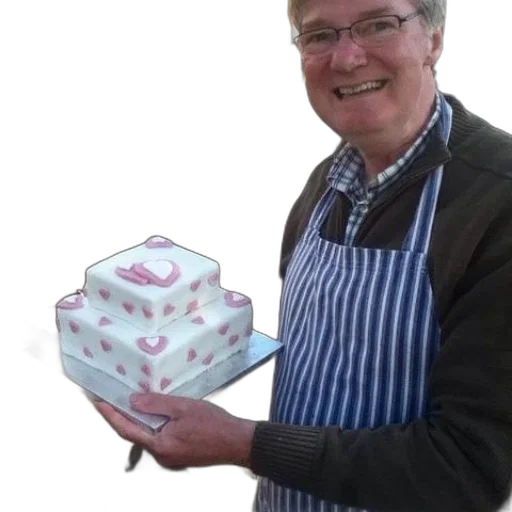 food, staff, man, apron, holds, two-tiered, cake, pink transparent PNG cut-out