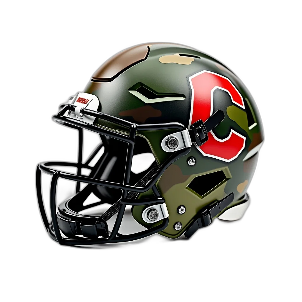 close-up, football, helmet, camouflage, pattern, red, logo, front transparent PNG cut-out