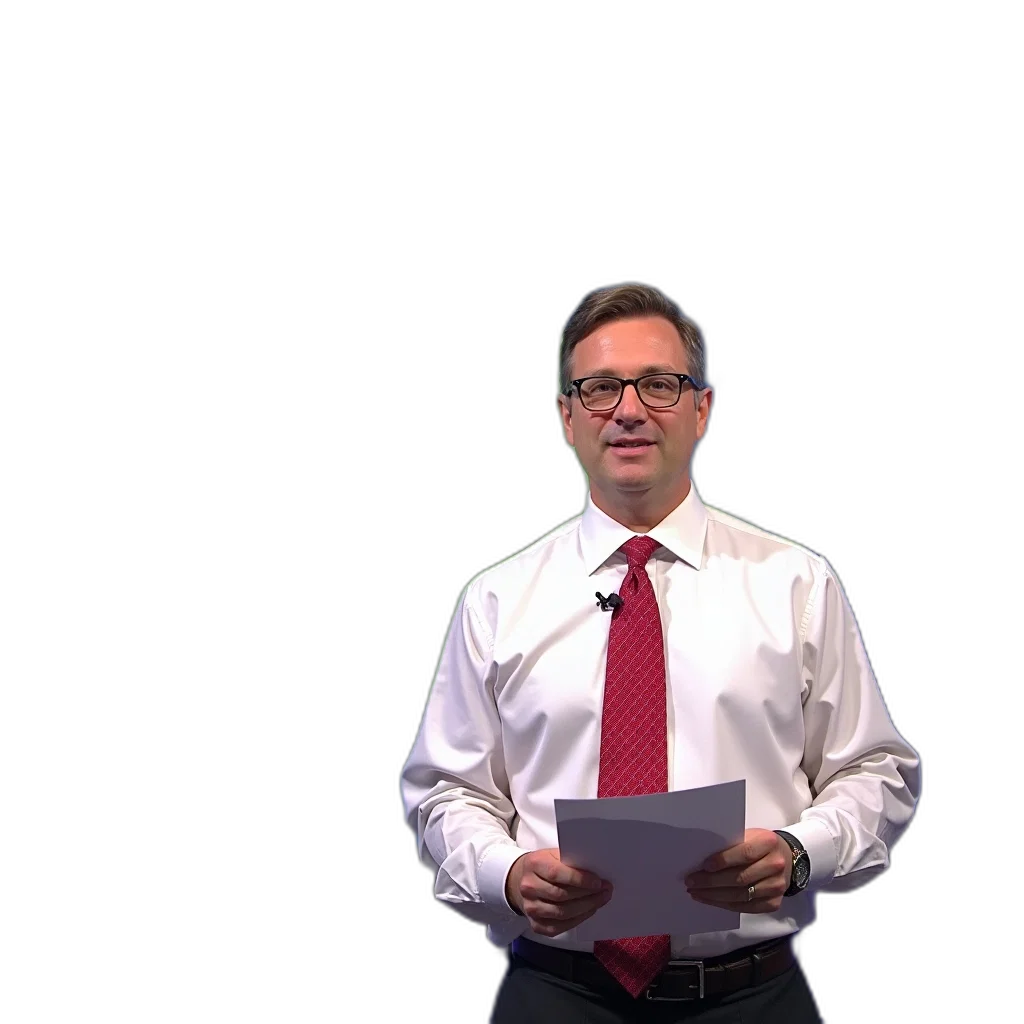outer space, news, anchor, presenting, segment, large, screen, behind transparent PNG cut-out