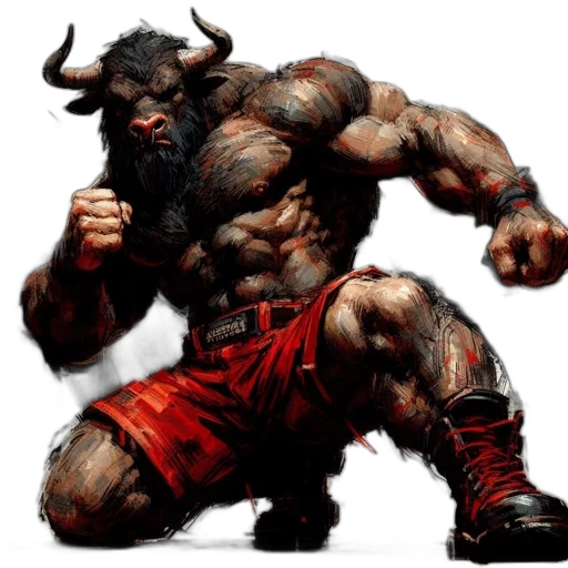 animal, concept art, fantasy art, comic book art, photorealistic, anthropomorphic, bull, dressed transparent PNG cut-out