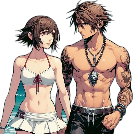 concept art, anime, pixel art, fantasy art, beach, monochrome, two, animated transparent PNG cut-out