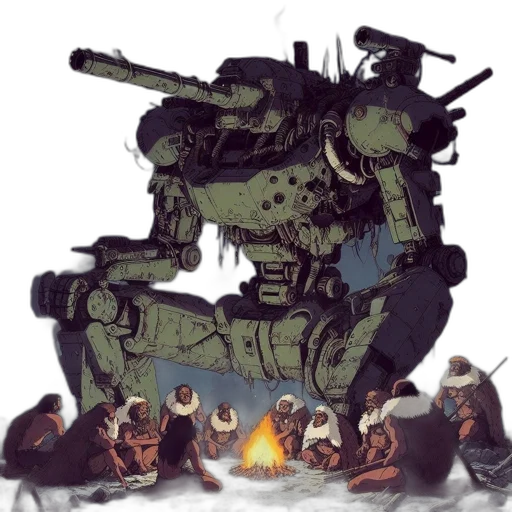 robot, weapon, concept art, comic book art, pixel art, cyberpunk, fire, front transparent PNG cut-out
