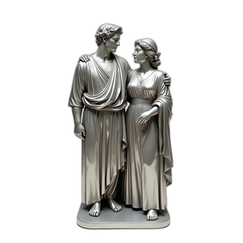 3d render, night, forest, snow, silver, statue, man, woman transparent PNG cut-out