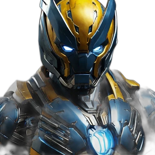robot, mask, concept art, 3d render, comic book art, photorealistic, blue, golden transparent PNG cut-out