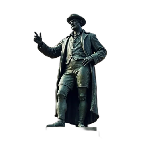 hat, staff, jacket, 3d render, concept art, photorealistic, bronze, statue transparent PNG cut-out