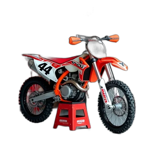 3d render, photorealistic, red, white, dirt, bike, number, parked transparent PNG cut-out