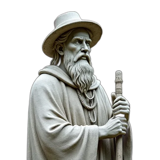 hat, staff, photorealistic, weathered, stone, statue, man, beard transparent PNG cut-out