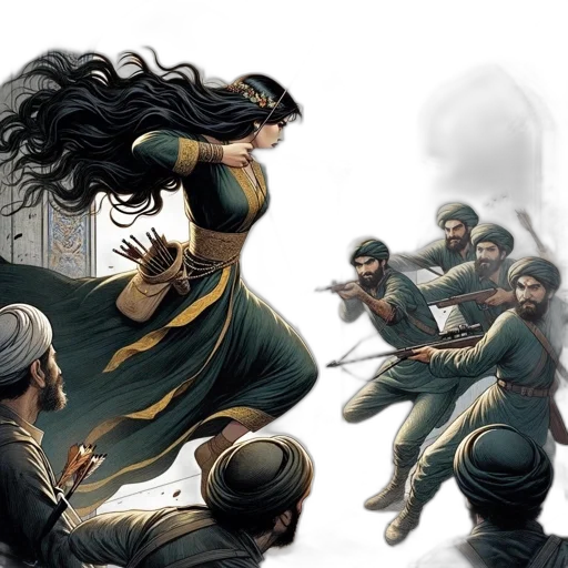 comic book art, concept art, fantasy art, archer, woman, leaps, amidst, group transparent PNG cut-out