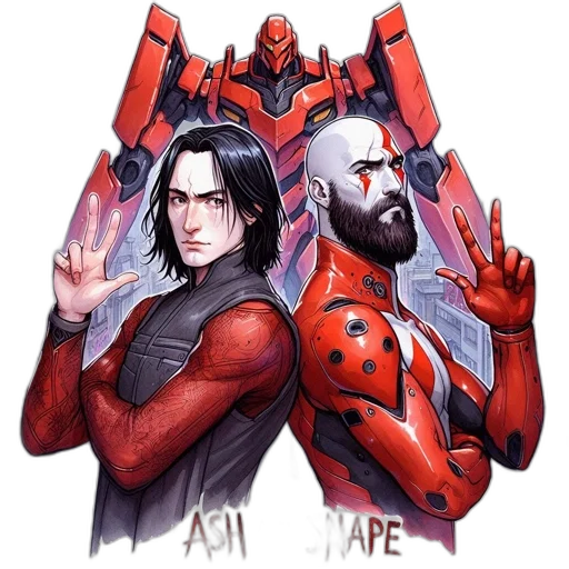 jacket, comic book art, concept art, fantasy art, cyberpunk, red, two, characters transparent PNG cut-out