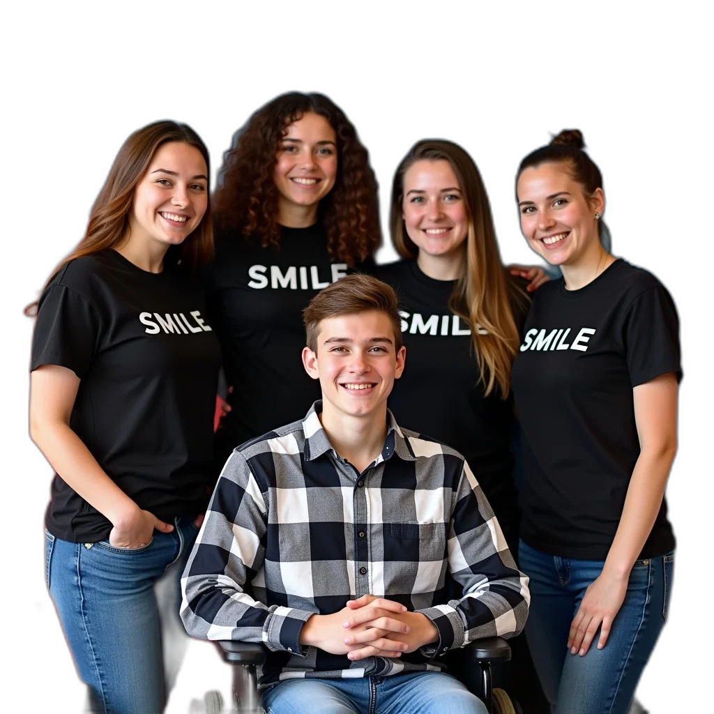 staff, group, young, women, black, t-shirts, word, smile transparent PNG cut-out