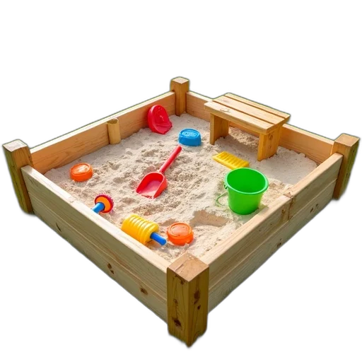 furniture, beach, wooden, sandbox, filled, sand, colorful, toys transparent PNG cut-out