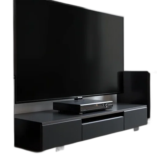 furniture, 3d render, black, home, theater, system, flat, screen transparent PNG cut-out