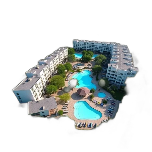 building, 3d render, photorealistic, aerial, view, large, resort, multiple transparent PNG cut-out