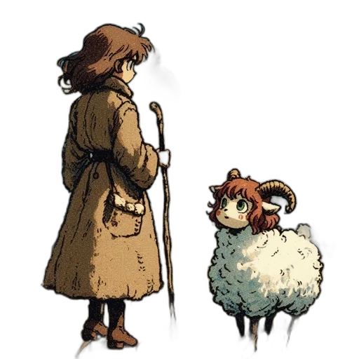 animal, concept art, pixel art, watercolor, young, girl, sheep-like, creature transparent PNG cut-out