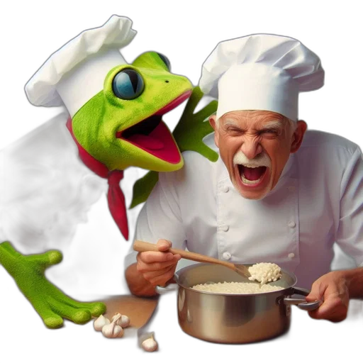 food, concept art, 3d render, fire, comical, scenario, man-sized, frog transparent PNG cut-out