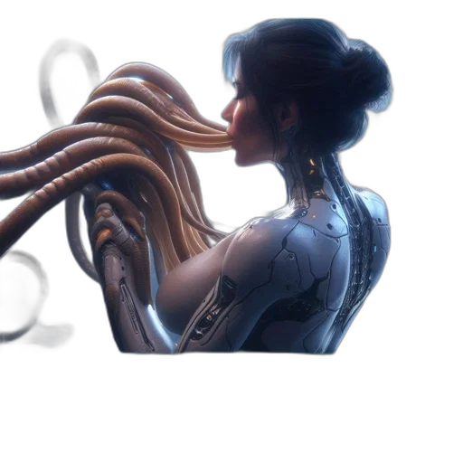 jewelry, robot, mask, hair, concept art, cyberpunk, 3d render, fantasy art transparent PNG cut-out