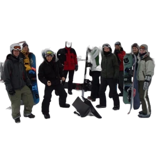 staff, group, snowboarders, stand, front, building, word, schonb transparent PNG cut-out
