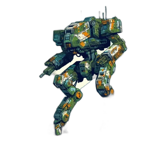 robot, weapon, concept art, 3d render, pixel art, fantasy art, green, post-apocalyptic transparent PNG cut-out