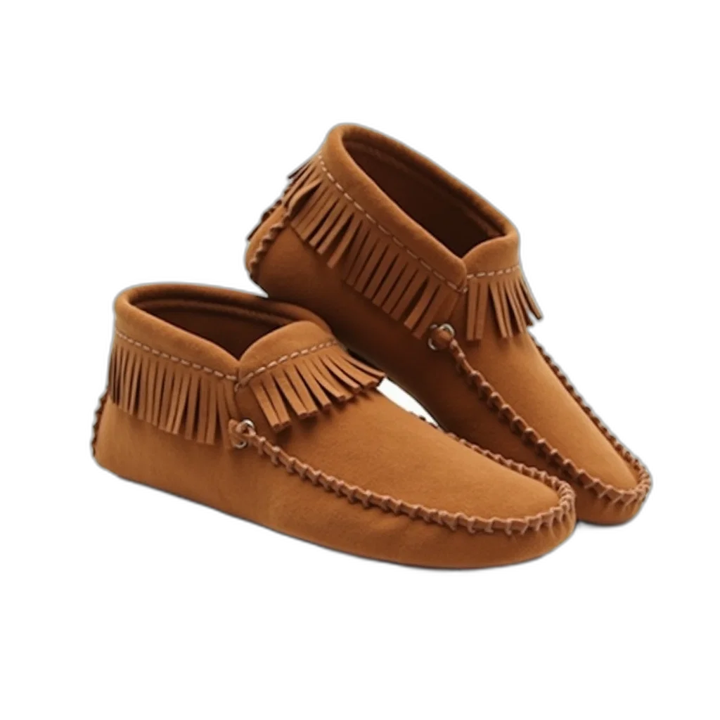 shoes, pair, brown, suede, moccasins, fringe, details, upper transparent PNG cut-out