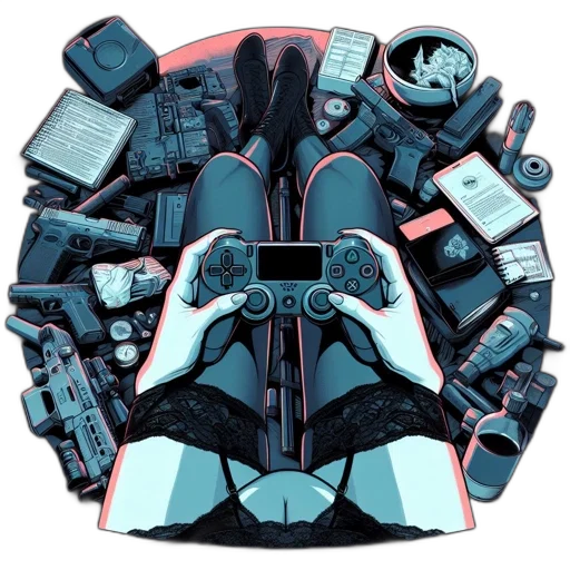 jacket, robot, weapon, mask, concept art, cyberpunk, pixel art, comic book art transparent PNG cut-out