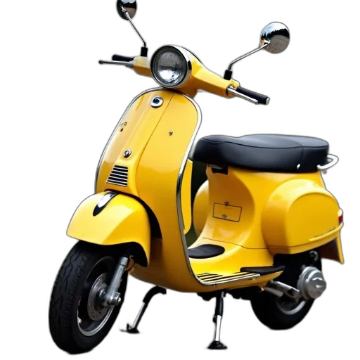 photorealistic, 3d render, golden, yellow, vespa, scooter, black, seat transparent PNG cut-out