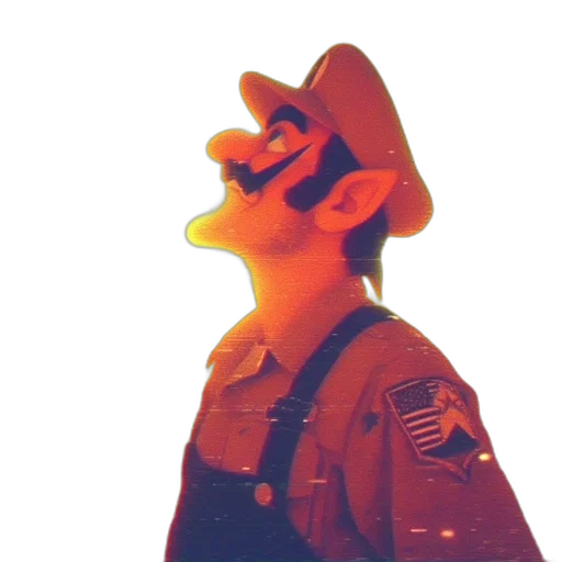 hat, mask, staff, robot, vaporwave, 3d render, concept art, cartoon transparent PNG cut-out