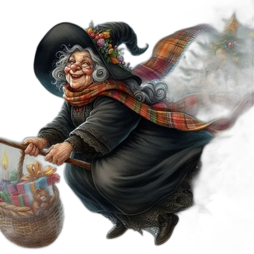 concept art, fantasy art, photorealistic, elderly, woman, witch, costume, flies transparent PNG cut-out