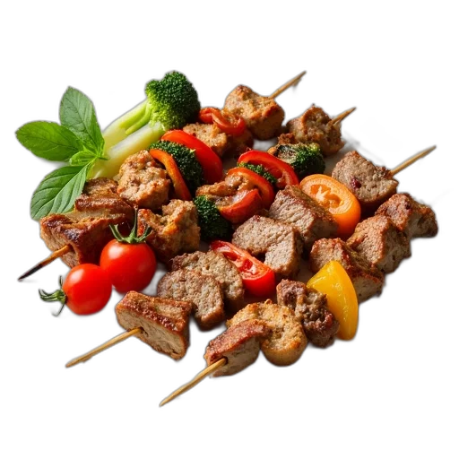 food, plate, skewered, meat, vegetables, including, chicken, beef transparent PNG cut-out