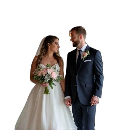 dress, staff, bride, groom, their, wedding, old, barn transparent PNG cut-out