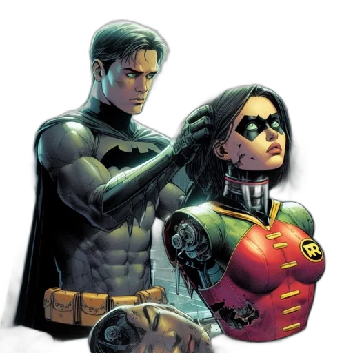 comic book art, concept art, hi-tech, workshop, somber, batman, holds, superwoman transparent PNG cut-out