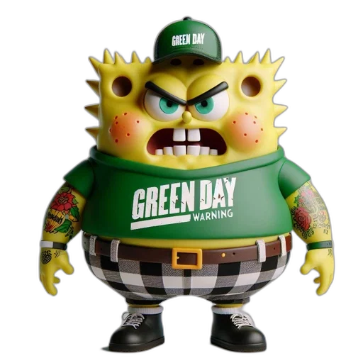 3d render, animated, spongebob-inspired, punk, rock, character, wears, green transparent PNG cut-out