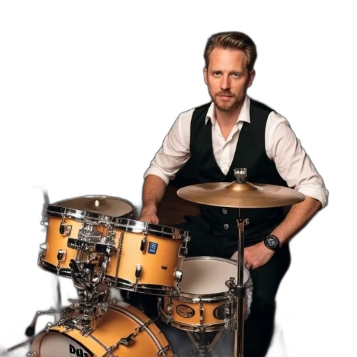 staff, man, seated, behind, drum, set, recording, studio transparent PNG cut-out