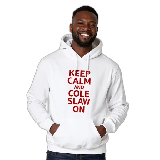 white, hoodie, phrase, keep, calm, cole, slaw, printed transparent PNG cut-out