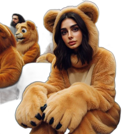 animal, creature, concept art, young, woman, lion, costume, seated transparent PNG cut-out