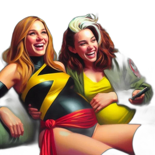 comic book art, concept art, photorealistic, cartoon, two, women, laugh, together transparent PNG cut-out