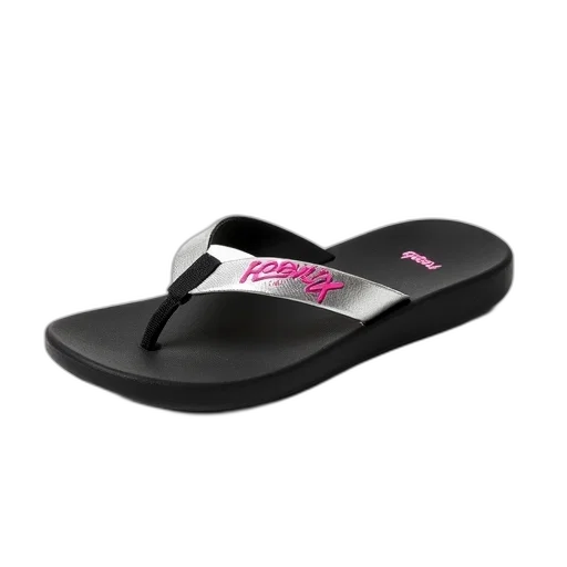 shoes, black, flip-flop, silver, metallic, band, pink, logo transparent PNG cut-out