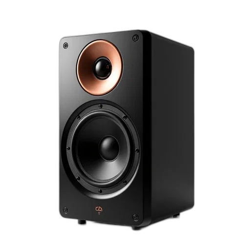 sleek, black, speaker, two, copper-colored, drivers, grille, displayed transparent PNG cut-out