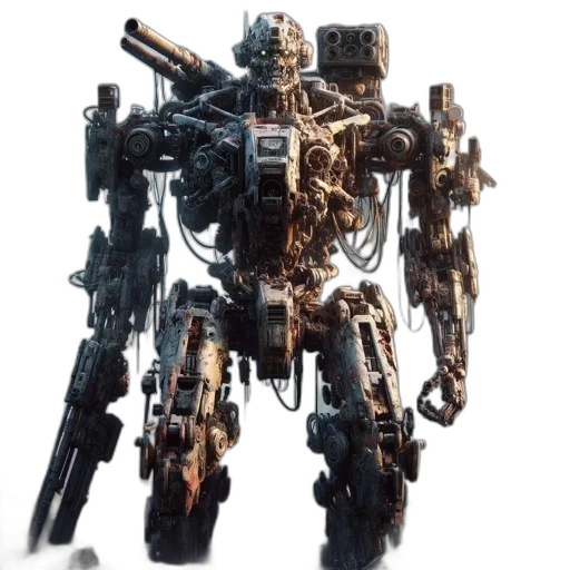 robot, weapon, concept art, 3d render, photorealistic, pixel art, barren, wasteland transparent PNG cut-out