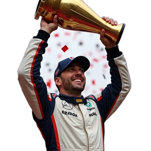 crown, man, racing, suit, holding, trophy, above, his transparent PNG cut-out