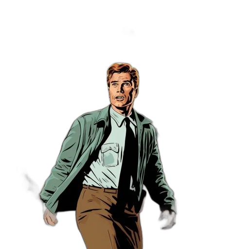 jacket, staff, comic book art, concept art, cartoon, earth tones, green, man transparent PNG cut-out