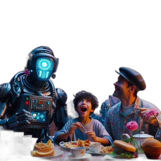 robot, food, cyberpunk, concept art, vaporwave, 3d render, outer space, underwater transparent PNG cut-out