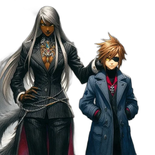 concept art, two, animated, characters, one, tall, long, silver transparent PNG cut-out