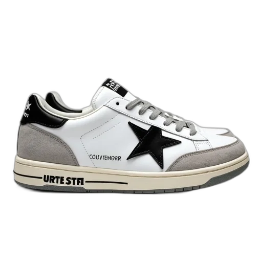 shoes, photorealistic, pair, white, sneakers, black, star, text transparent PNG cut-out