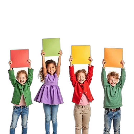 first, image, shows, four, children, their, hands, raised transparent PNG cut-out