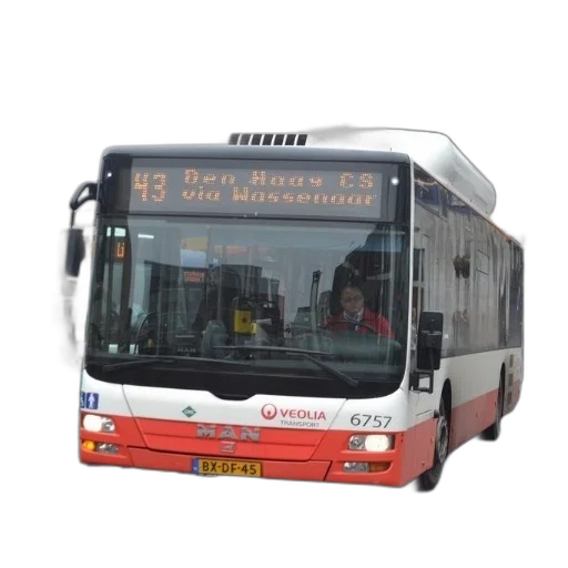 3d render, photorealistic, red, white, bus, number, driving, down transparent PNG cut-out